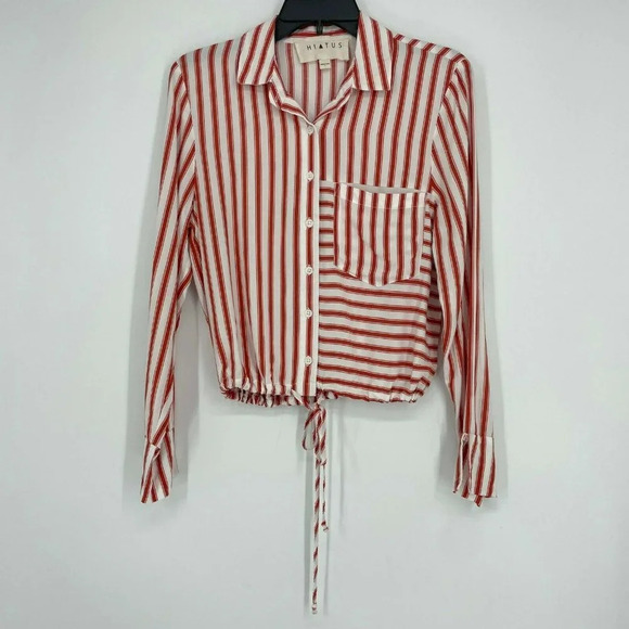 Hiatus Tops - Hiatus Blouse Women's S White Red Striped Button Up Pocket Front Tie Long Sleeve